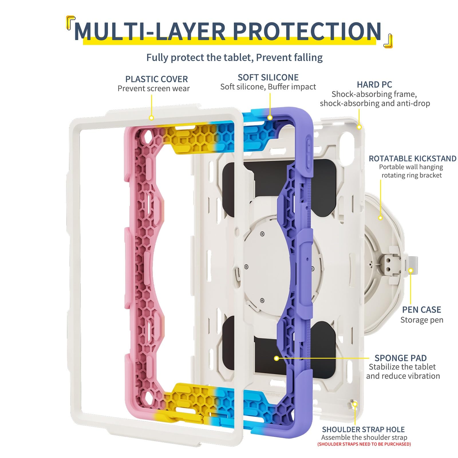 Custodia protettiva per tablet Huawei Matepad 11 (2023/2021)/C7 per bambini, resistente, antiurto, robusta, con cavalletto e tracolla (rosa)