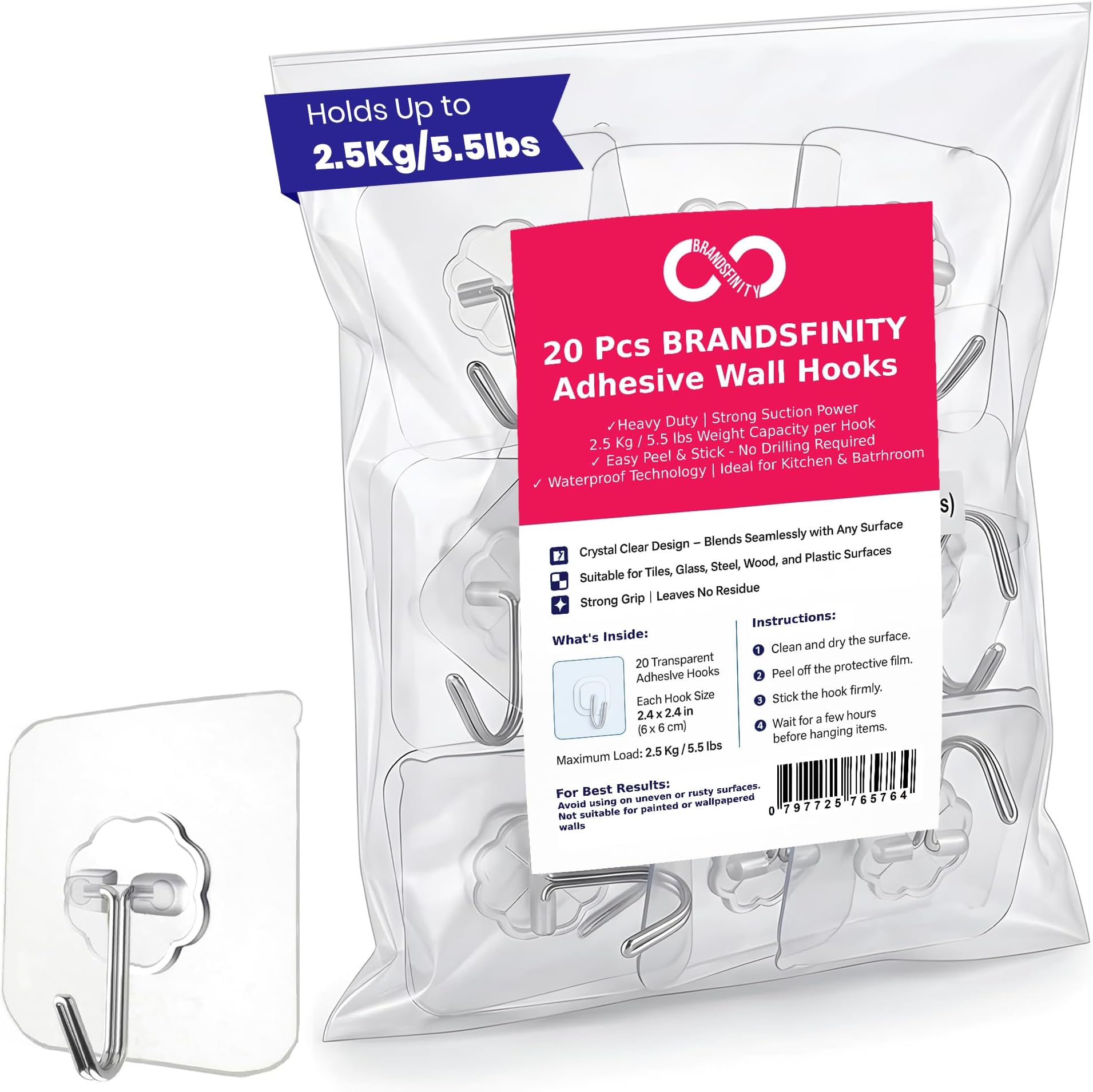 Brandsfinity 20pcs Adhesive Wall Hooks for Hanging, Heavy Duty Sticky Hooks for Wall, No Drill Transparent Self Adhesive Hooks, Holds 2.5kg