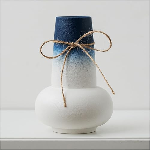 Florero azul y blanco para flores de 8 pulgadas de alto, jarrón azul para plantas, florero de hierba de pampas, jarrón costero para decoración del