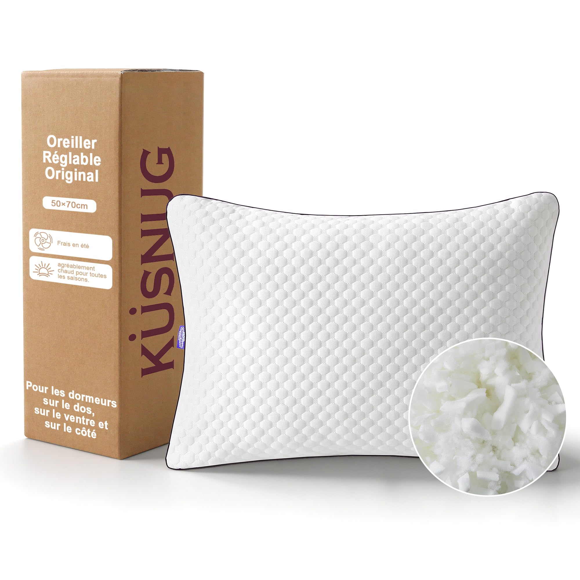 Oreiller 50 × 70 cm Lot de 1– Oreiller Mousse à Mémoire de Forme | Ergonomique Réglable en Hauteur avec Fermeture à Glissière, Une Utilisation Toute I‘année