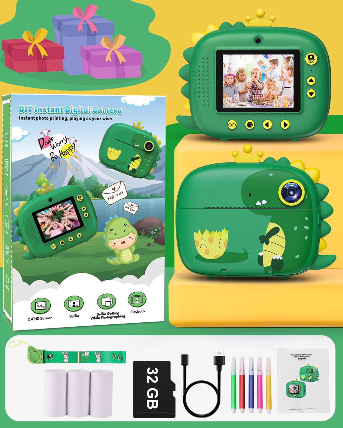 Hangrui Camara Fotos Infantil Instantanea, 2.4" HD 1080P Cámara Instantánea para Niños, Camara Instanea Infantil con Tarjeta de 32G,Papel de Impresión y Bolígrafos de Colores, Regalos Juguete