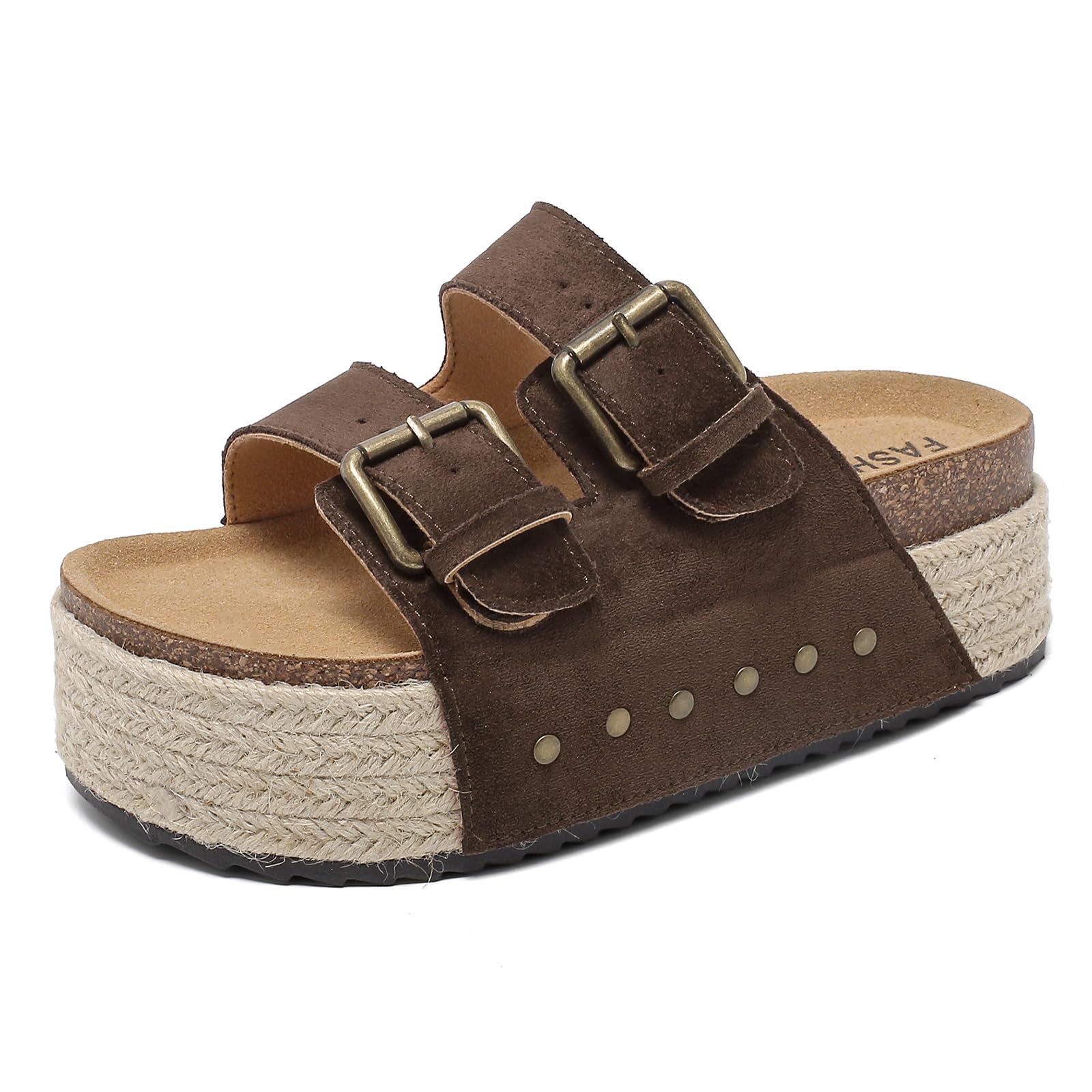 zaxunai Pantoletten Damen mit Kork-Fußbett Bequeme Plateau Sandalen & Slides für Damen mit Verstellbaren Riemen Sommer Hausschuhe mit Doppelten Schnallen und Rutschfesten Sohlen
