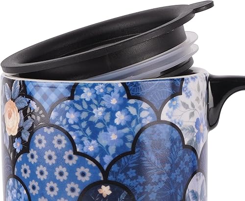 Miniatura 60 de DUSVALLY Taza de café de cerámica con tapa, taza de té de latte de porcelana con asa, 17 onzas, color negro Negro -,Negro y girasol,Azul,Flor