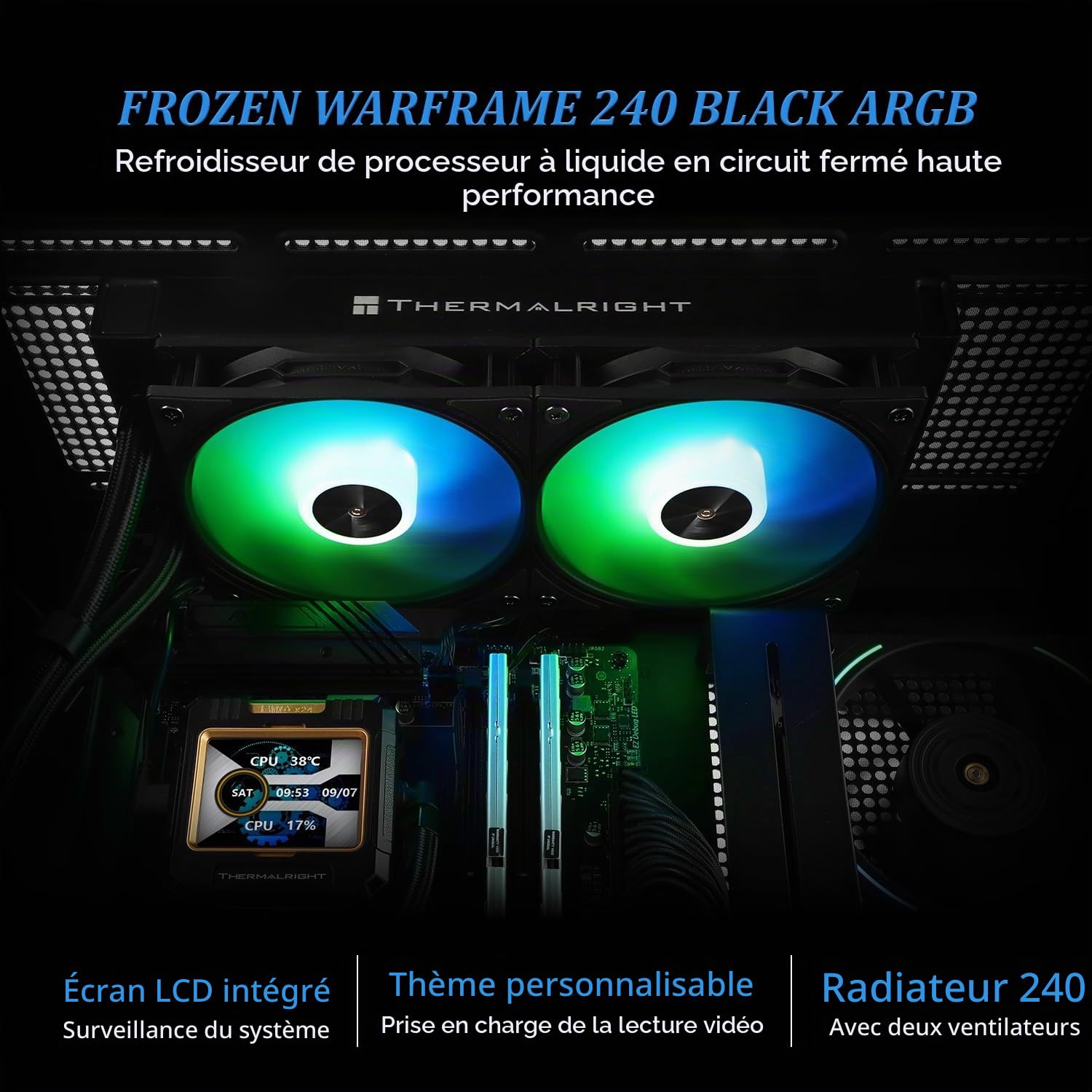 TR FW240 Black ARGB CPU Water Cooler with 2 PWM Fans, Water Pump Speed is 3000RPM,S-FDB Bearing, for AMD AM4/AM5,Intel LGA1150/1155/1200/1700/2011,IPS LCD Screen