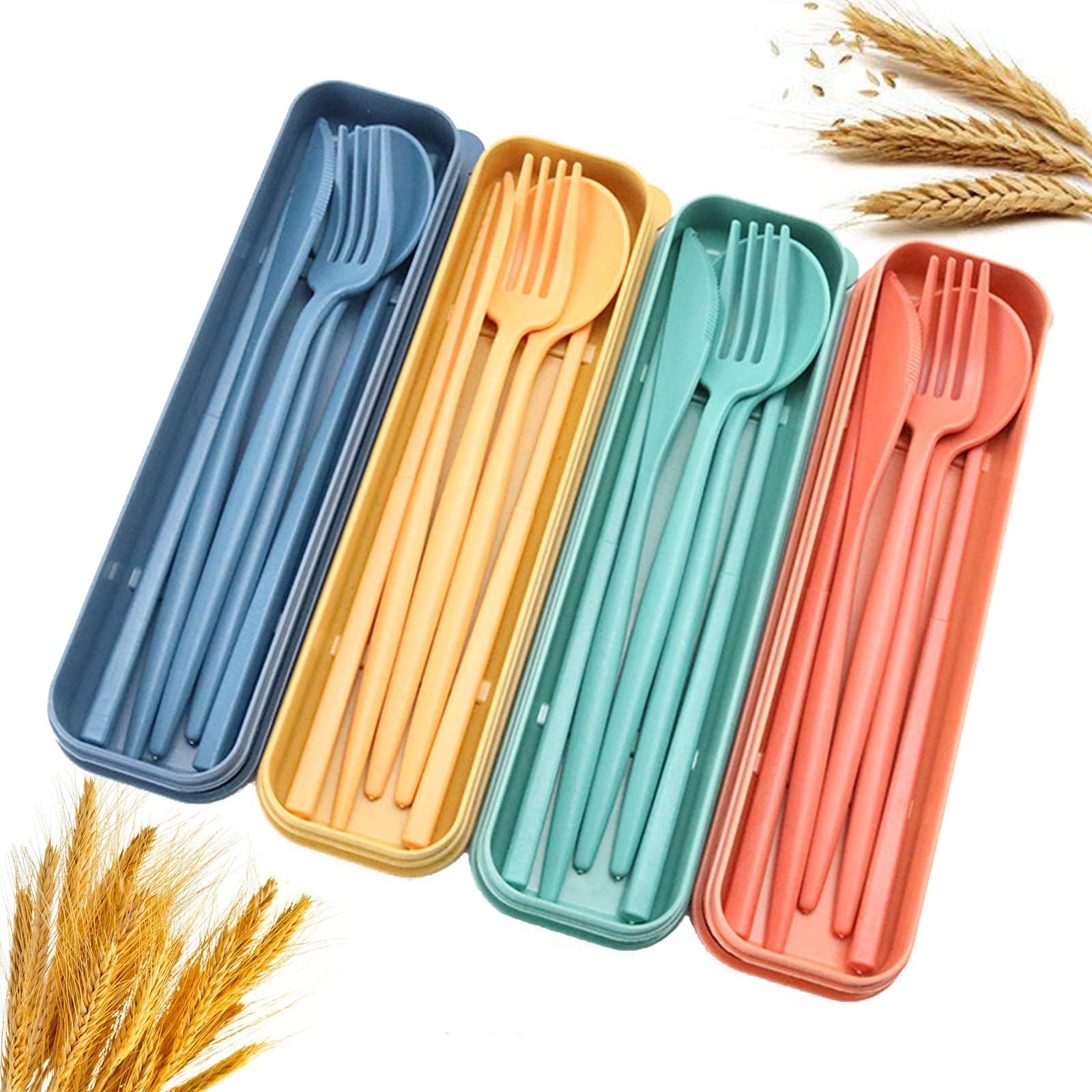 Wheat Straw Cutlery, 4 Sets Portable Cutlery Set, Reusable Travel Flatware Set, for Lunch Boxes Workplace Camping School Picnic or Daily Use(4 Colors, With Storage Box)