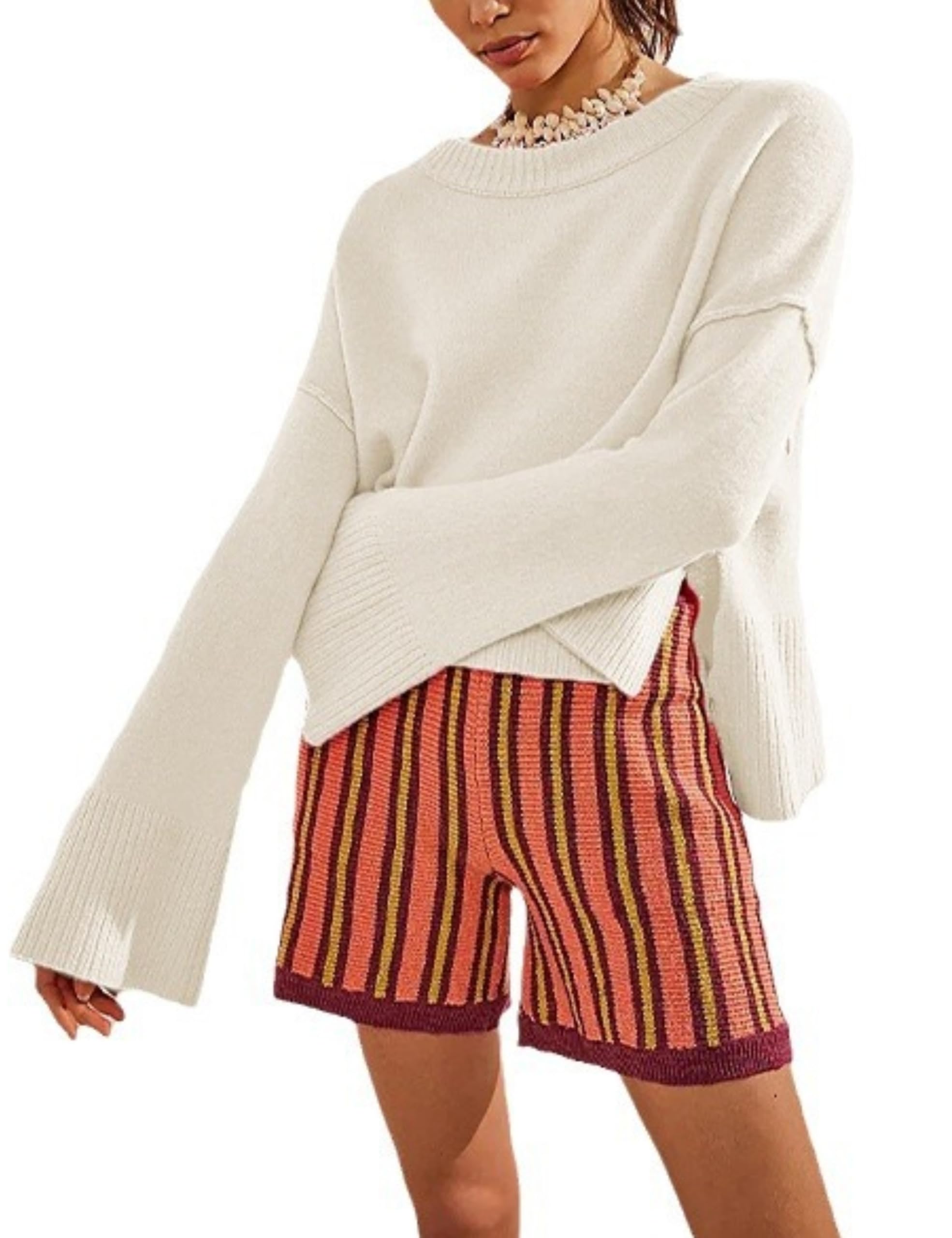 Wanzetaly Womens Oversized Cropped Sweaters Casual Crewneck Pagoda Sleeve Knit Pullover Tops