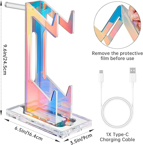 Miniatura 7 de NiHome Iluminación LED iridiscente, soporte de controlador de juegos de acrílico de varios niveles y soporte para auriculares, alimentado por USB, 7