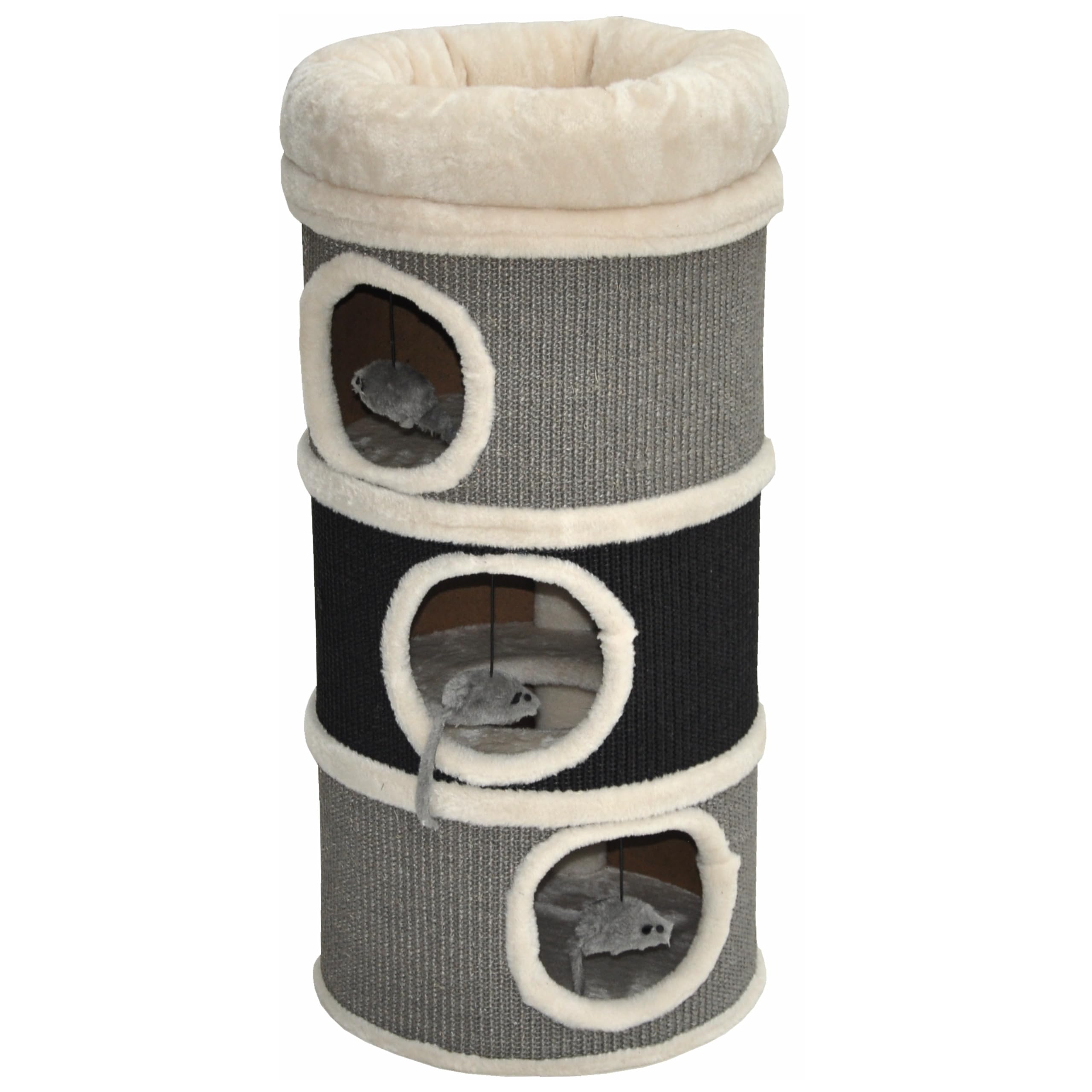 nanook Bella Tonneau à chat en sisal, hauteur 80 cm, diamètre : 35 cm, arbre à chat avec 3 niches, arbre à chat, tour à chat en sisal, meuble pour chat, gris/noir