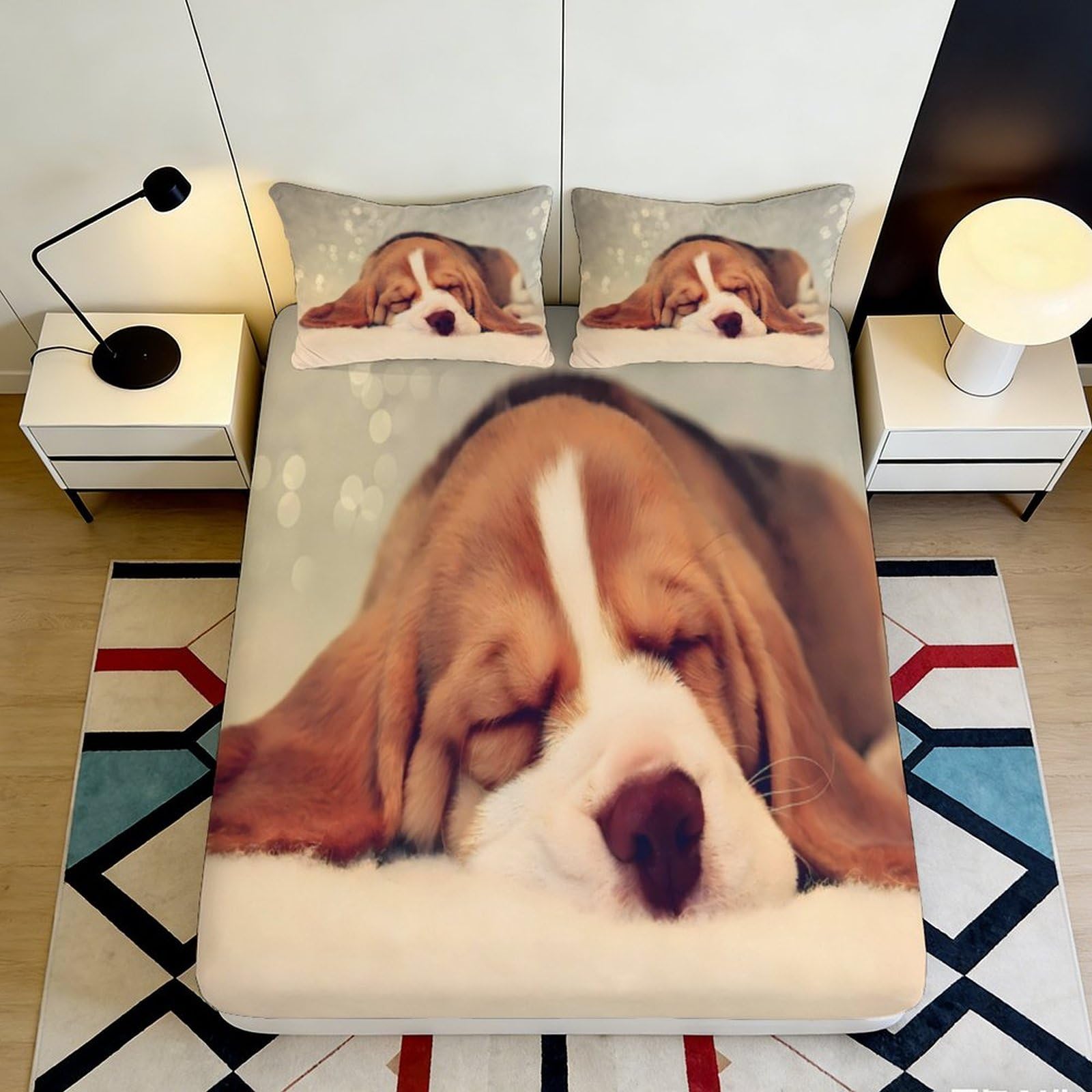 3D Printed Sleeping Beagle Fitted Sheet Microfiber Soft Breathable Puppy Mattress Cover for Bedroom Guest Room Decor 90x200x25cm