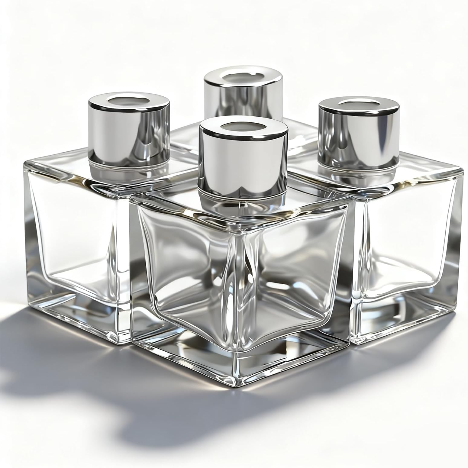 Glass Diffuser Bottles with Silver Caps Refillable Diffuser Bottles Set of 4-2.5" High, 50ml 1.7 fl oz. Small Square Shape, Diffuser Jars for Home Fragrance