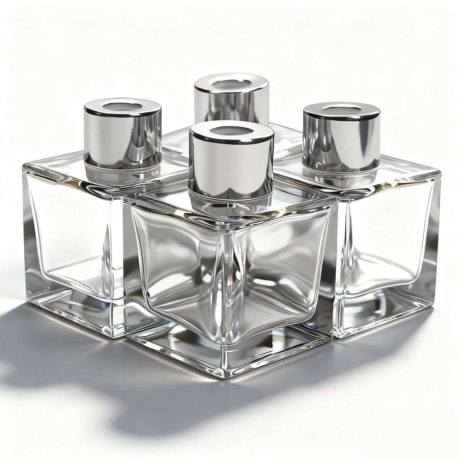 Glass Diffuser Bottles with Silver Caps Refillable Diffuser Bottles Set of 4-2.5" High, 50ml 1.7 fl oz. Small Square Shape, Diffuser Jars for Home Fragrance