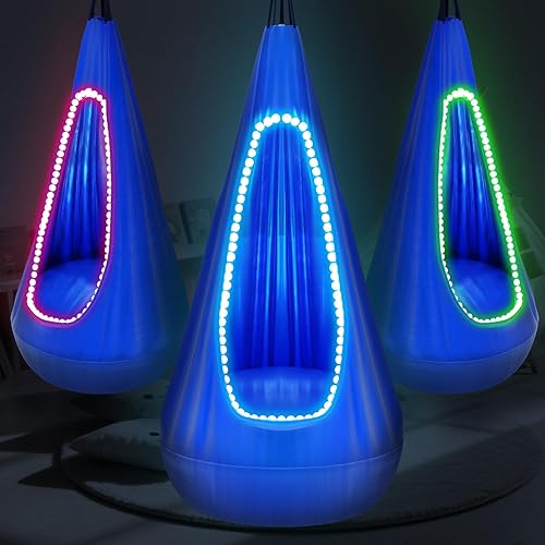 Asiento columpio para niños, hamaca colgante con tira de luces LED y cojín inflable, silla giratoria sensorial para exteriores e interiores, máximo