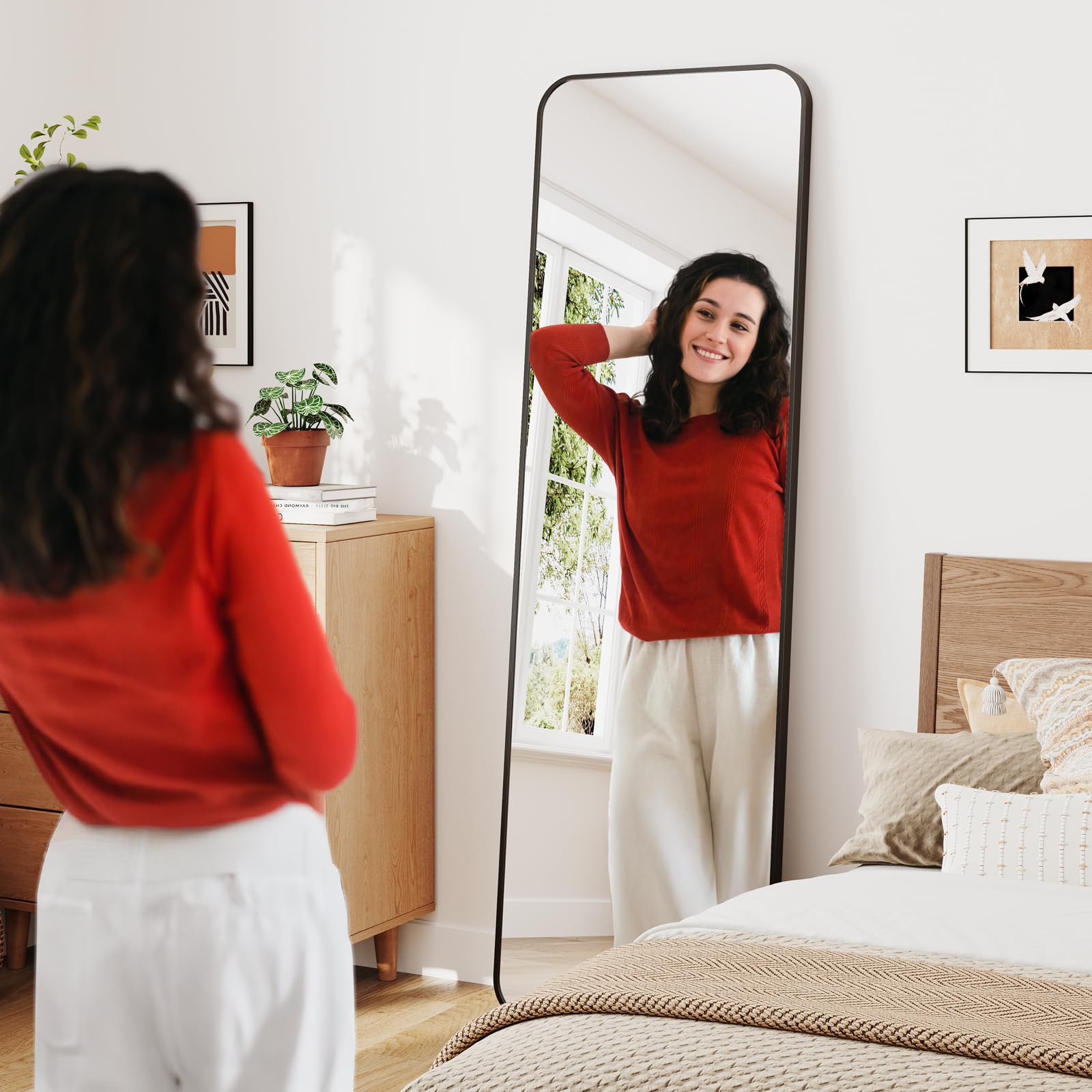 Dripex Grand Miroir 150x40cm Coins Arrondis Miroir Pied Suspendu Cadre Alliage Aluminium Noir