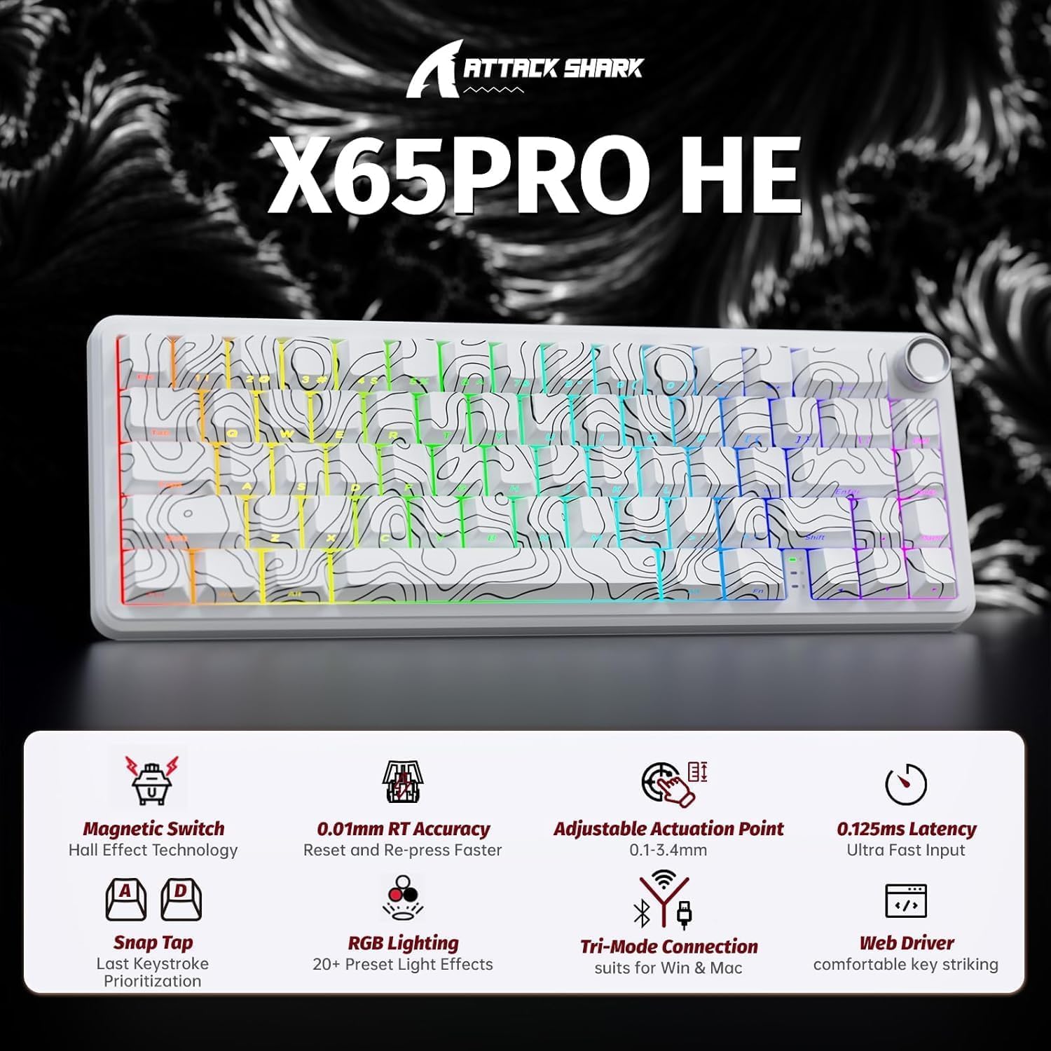 ATTACK SHARK 60% Hall Effect Keyboard and X11 Wireless Gaming Mouse,X65 Pro HE Magnetic Keyboard RGB Hot Swap 8KHz Polling Rate,Superlight Mouse w/Charging Dock 22K dpi,Bluetooth/2.4Ghz/Wired