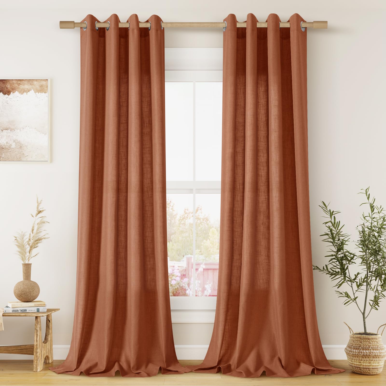 Photo 1 of 2 Panels Terracotta Linen Curtains 108 Inches Long for Living Room Grommet Extra Long Semi Sheer Curtains Boho Farmhouse Light Filter Rust Linen Drapes 108 Inch Length for Bedroom Large Window 9 FT