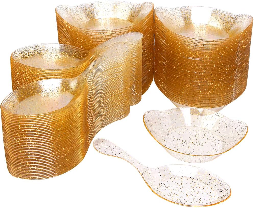 WDF 100Pack Gold Glitter Tasting Spoons-100Pack Plastic Mini Dessert Plates -Small Plates for Parties &Wedding