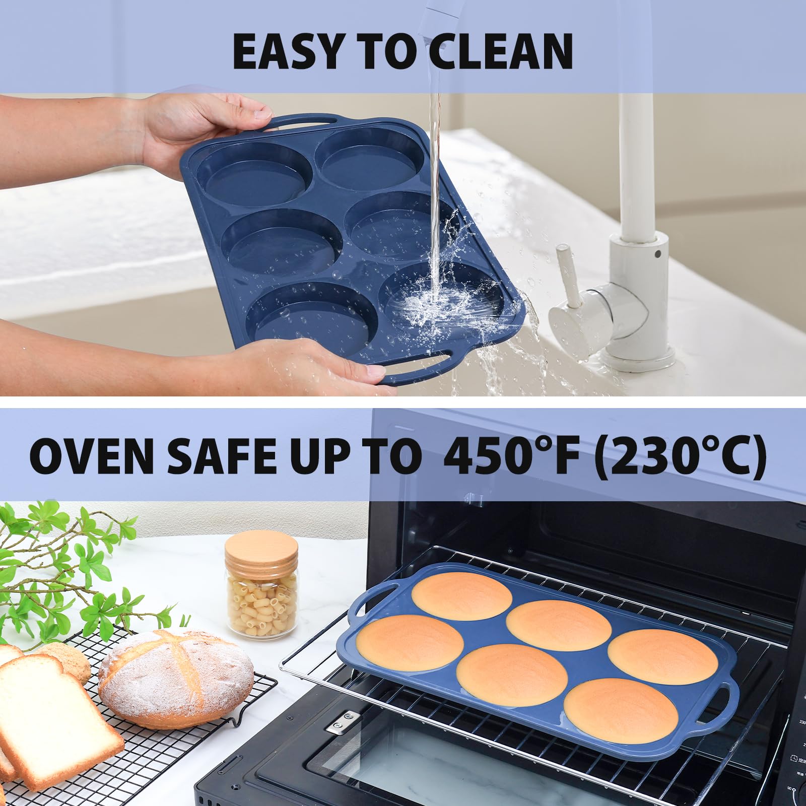 Molde de silicona grande de 4 pulgadas para magdalenas con marco de metal, molde de silicona antiadherente para horno, molde grande para hornear pasteles Whoopie con asa para sándwich de 7