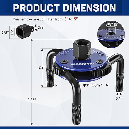 Miniatura 2 de WORKPRO Llave de filtro de aceite ajustable universal de 3 a 5 pulgadas (2.992 in a 5.118 in), herramienta magnética de extracción de filtro de
