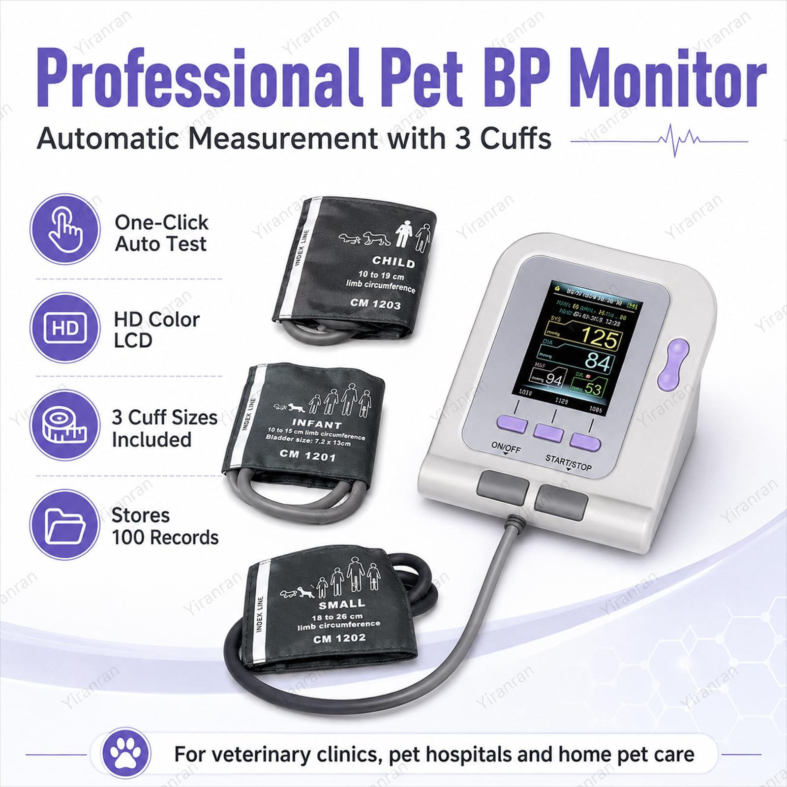 Monitor digital presión arterial veterinario con brazalete, medición automática la presión arterial, equipo veterinario, esfigmomanómetro electrónico 3 modos y 3 brazaletes, para el cuidado perros
