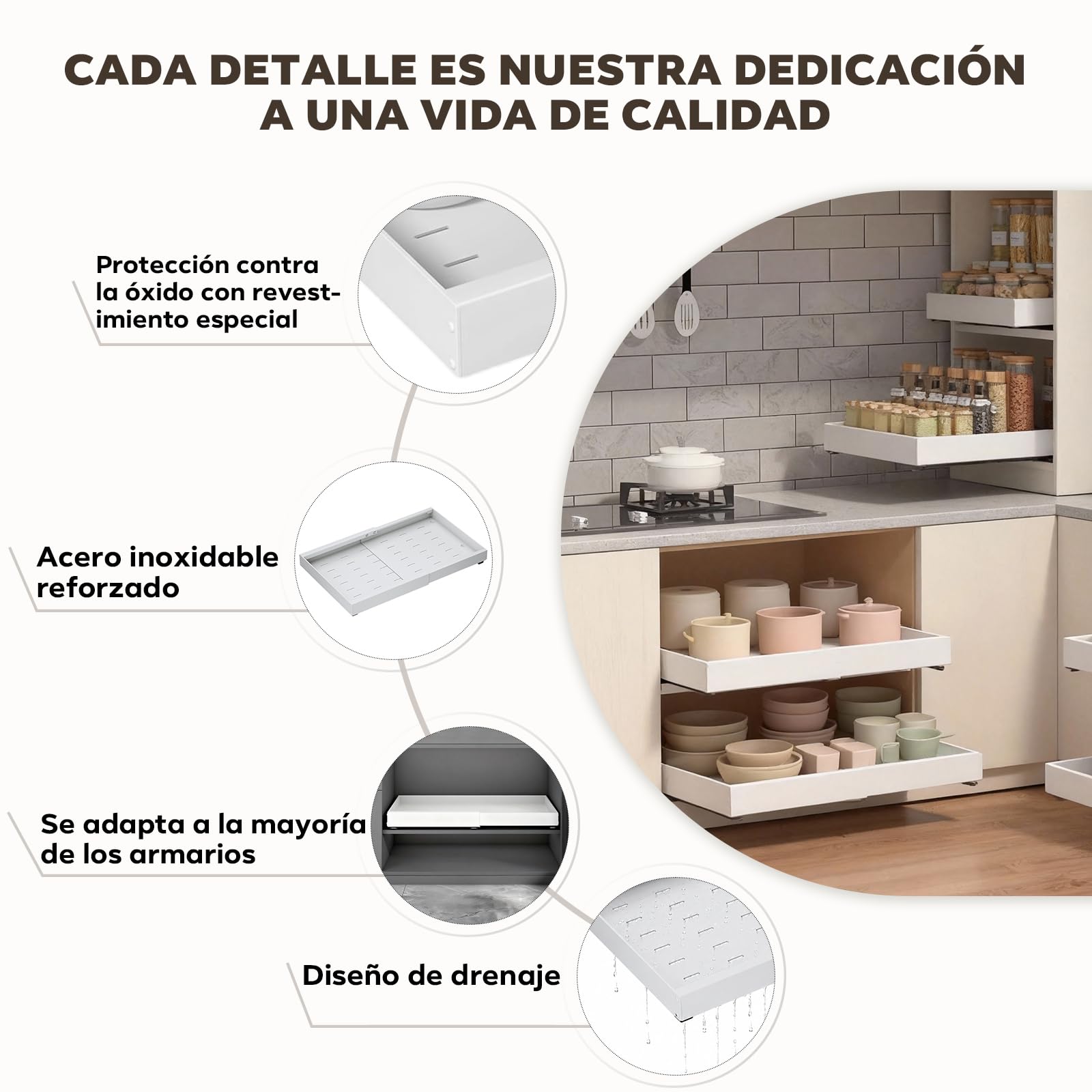 Paquete de 2 Organizador de Armario Extraíble Blanco – Ancho Ajustable 32-53 cm, Profundidad 42 cm – Cajón con Adhesivo para Cocina, Sin Taladrar