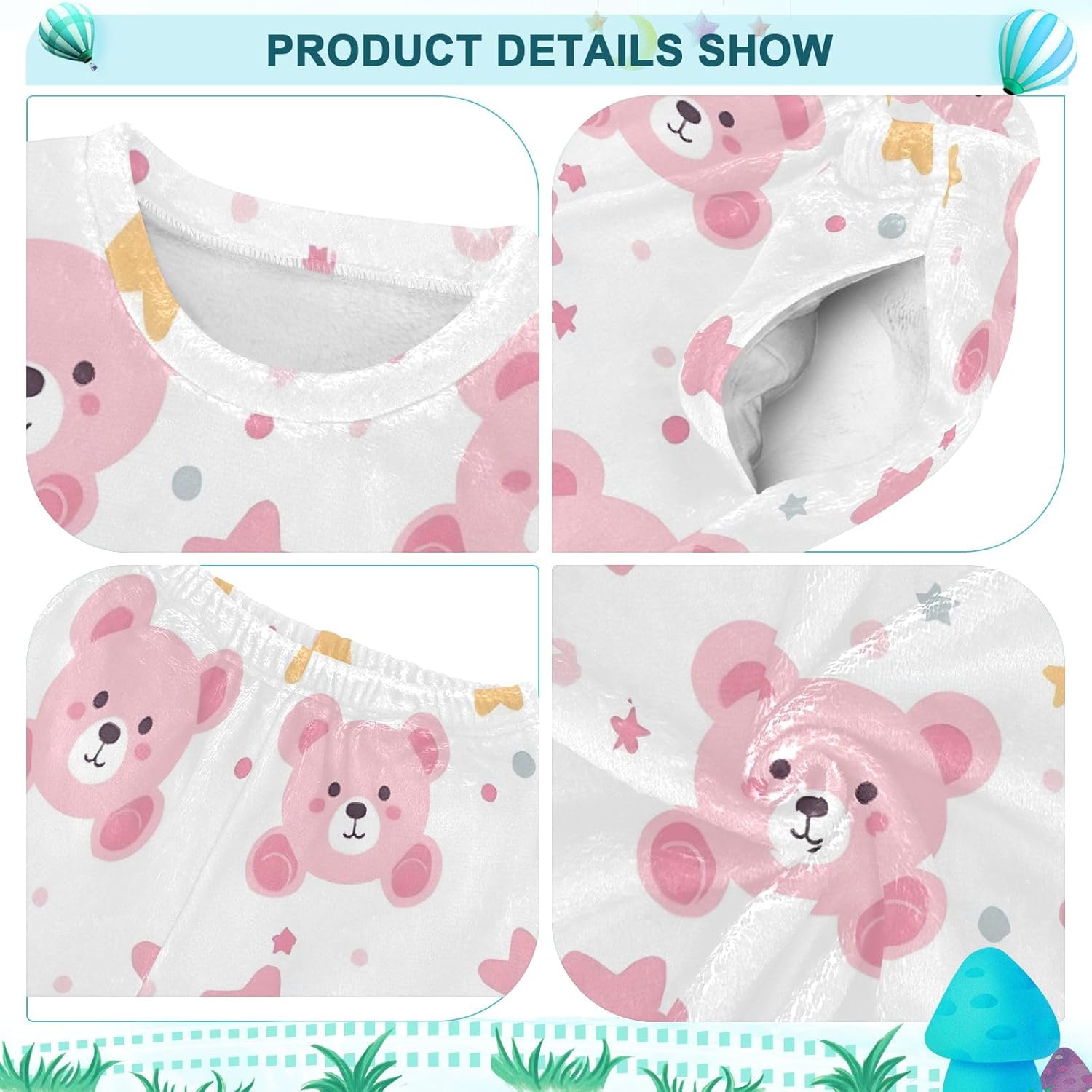 Kids Flannel Sets Pink Bear and Stars Warm Plush Relaxed Clothing for Boys and Girls