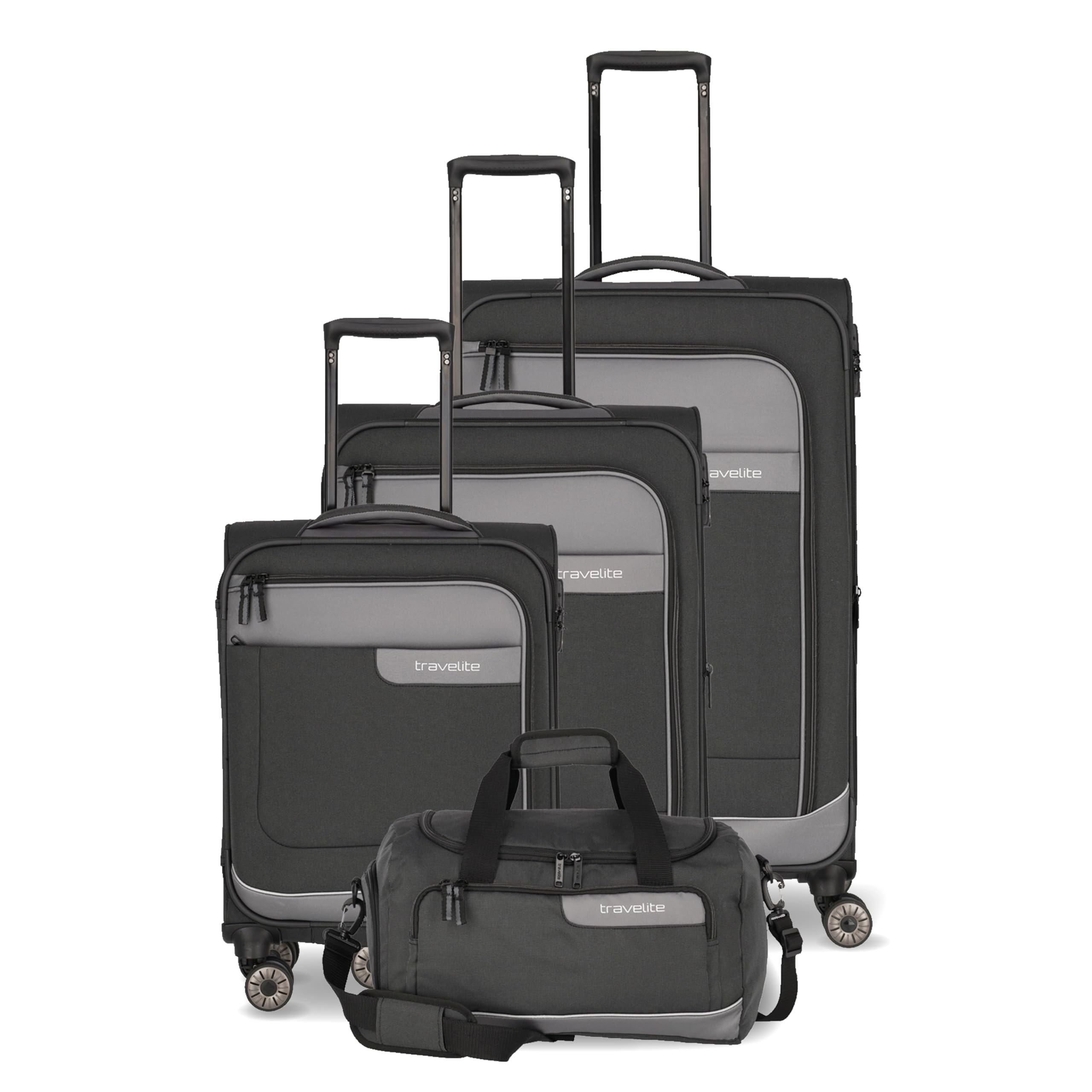 Travelite 4-Rad Koffer Set Weichschale aus recyceltem Material, Größen L/M/S + Reisetasche, Gepäck Serie VIIA: Trolley Set mit Handgepäck im IATA Bordgepäck Maß