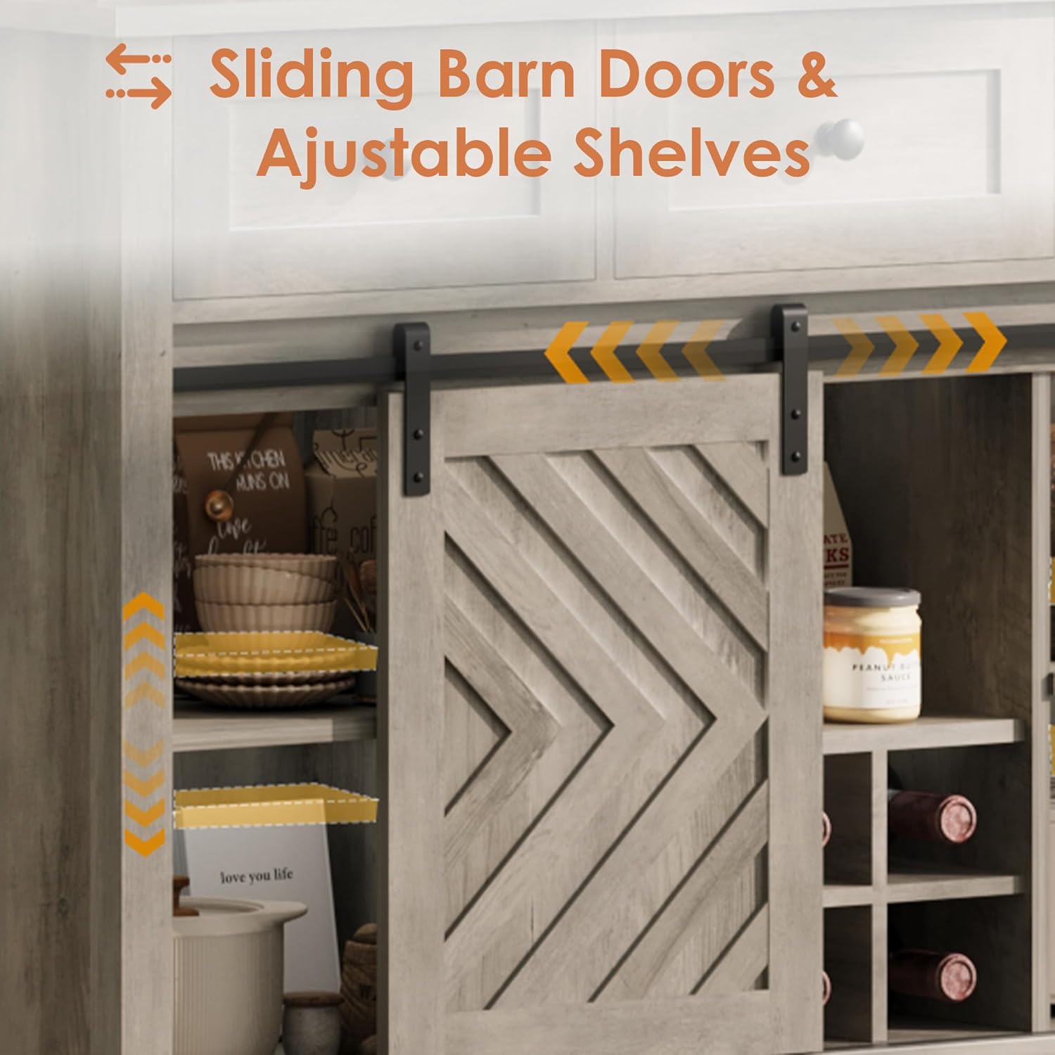 Garvee Farmhouse 47.2' Bar Cabinet with Adjustable Shelf and Sliding Barn Door, Buffet Cabinet with Removable Rack and 3 Drawer for Dining Room, Kitchen, Living Room