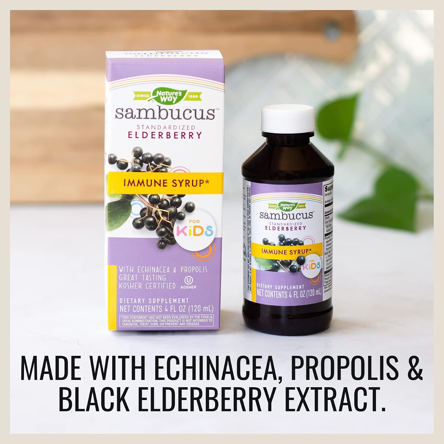 Nature's Way Sambucus Elderberry Immune Syrup for Kids*, Black Elderberry Extract, Echinacea, Propolis, 4 Oz.