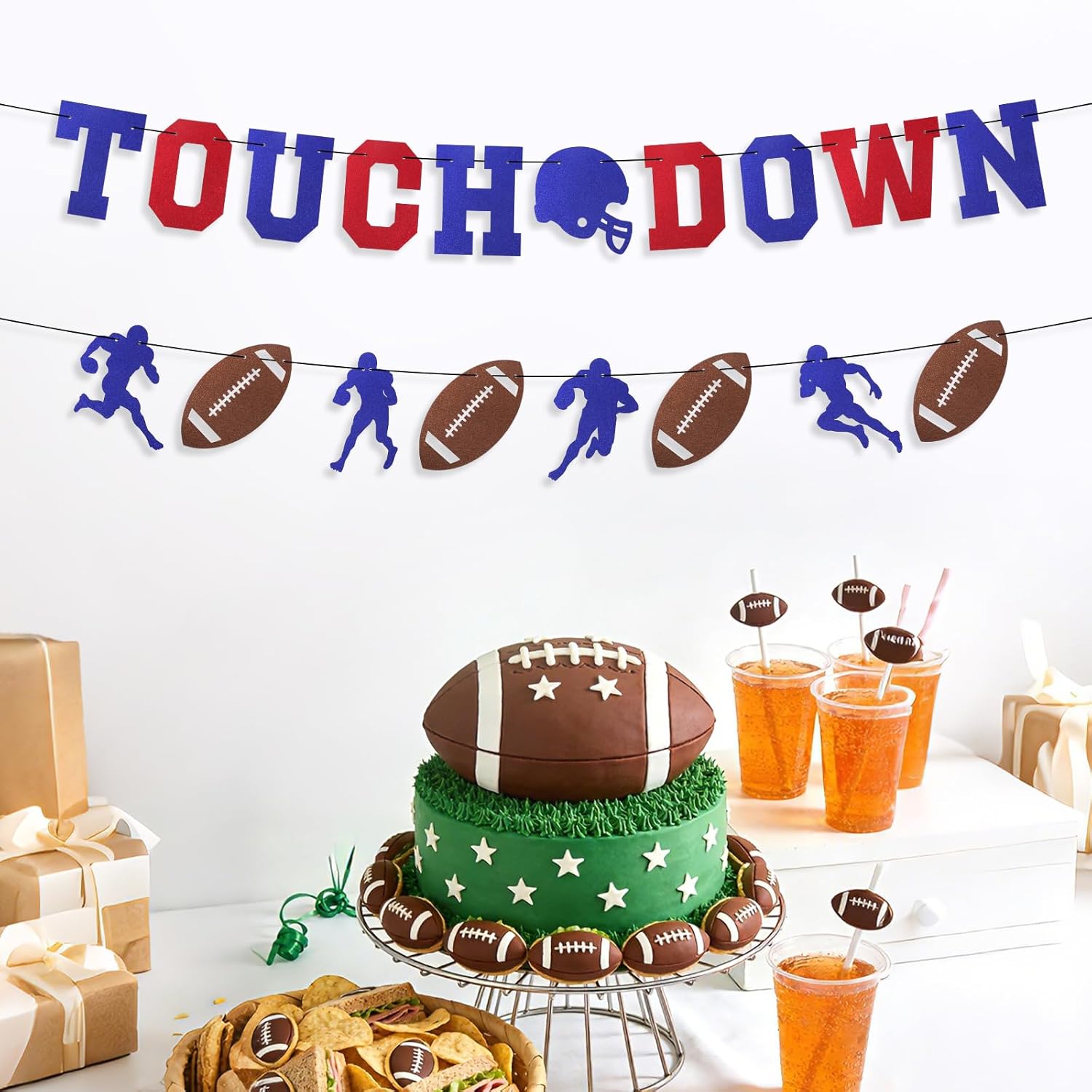 Touch Down Football Banner, Pre-Strung Glitter Game Time Touchdown Garland Flags Wall Hanging Decoration Decor for Sport Theme Birthday Party Celebration Supplies - Image 3