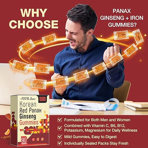 Miniatura 3 de Gomitas de suplemento de Panax Ginseng rojo coreano, suplementos de hierro para mujeres y hombres, gomitas de hierro con vitamina C, B6, B12,