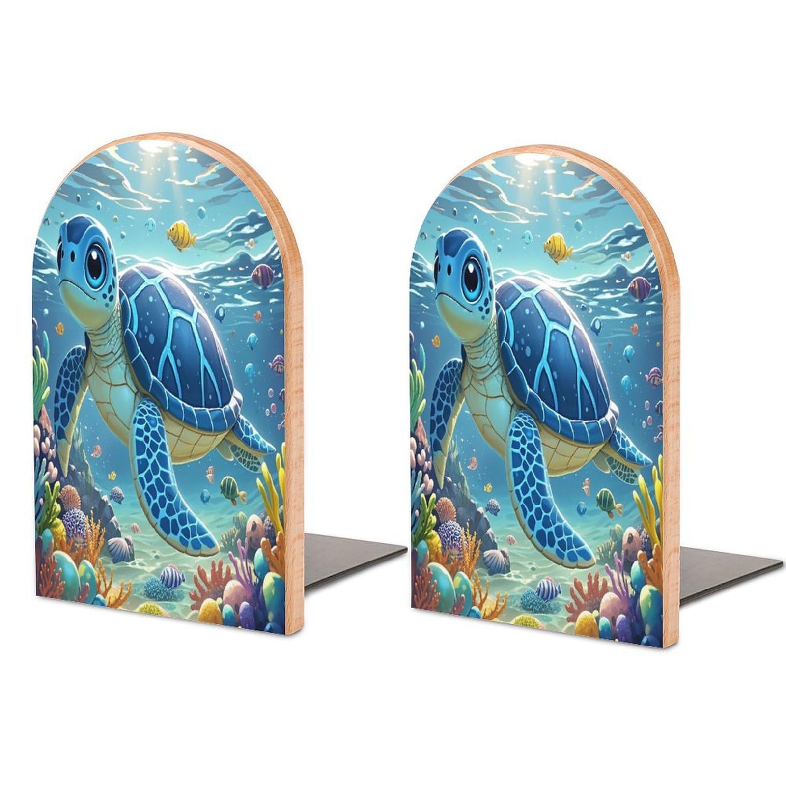 Blue Sea Turtle in Ocean Bookend for Shelves Wooden Book End Sturdy Book Holders Stoppers with Metal Base for Bookshelves Slick Decorative Bookends Stands