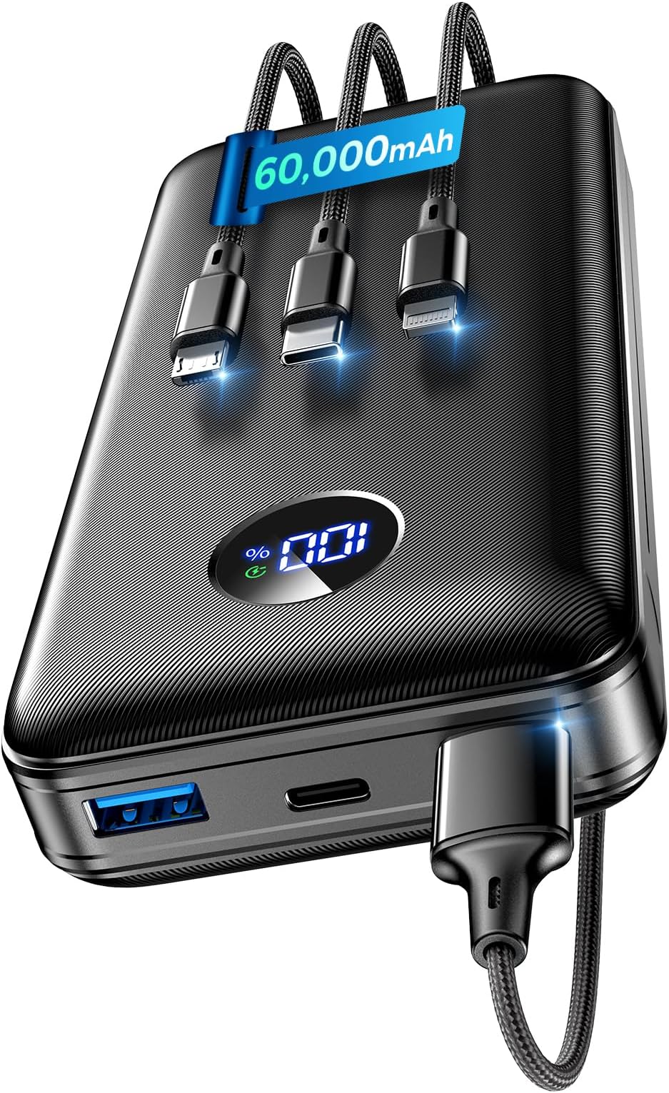 Portable Charger Power Bank - 60,000mAh Battery Pack, 22.5W Fast Charging Phone Charger Attached USB-C/iOS/Micro-USB Cable, Powerbank for iPhone 17 16 15 14 13 Samsung, for Travel Camping Essentials