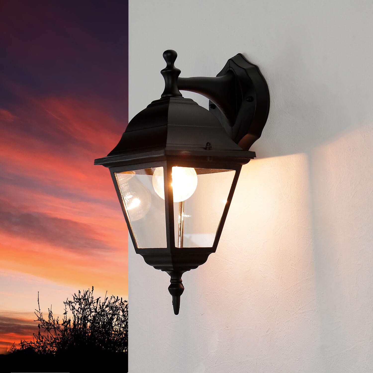 Applique da esterno in vetro alluminio nero IP44 da esterno L:15 cm E27 a sospensione lanterna da parete country house terrazza giardino TIROL