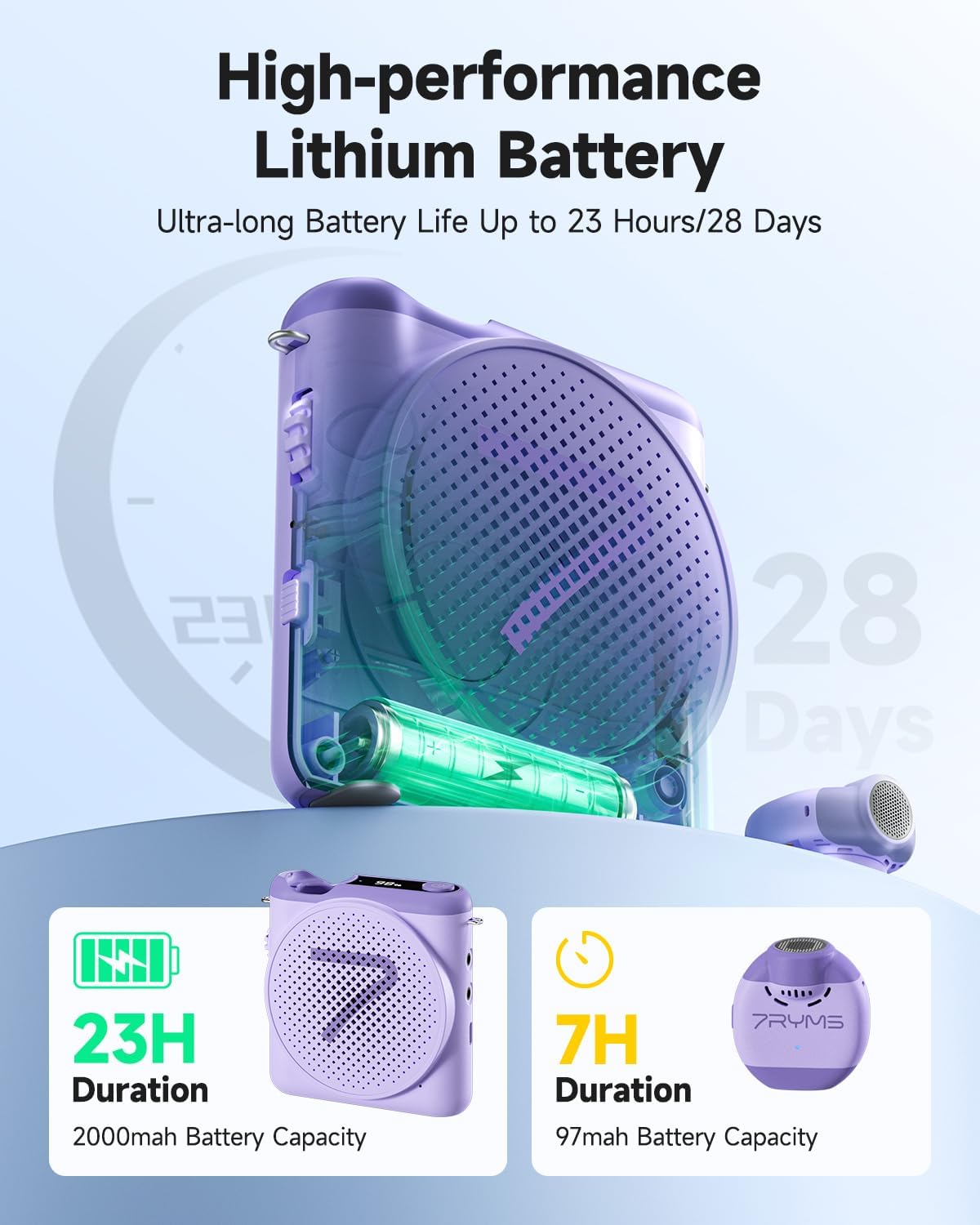 7RYMS WA2 Wireless Voice Amplifier for Teacher with Magnetic Lavalier Mic, Portable Microphone Speaker-Noise Canceling, 23H Working, 164ft Range, Mini Pa System for Teaching, Speech, Tour Guides, Yoga - Image 7