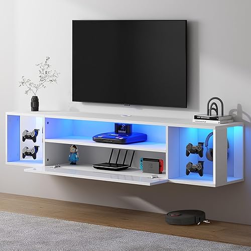 Miniatura 2 de SogesPower Soporte de TV flotante con luces, centro de entretenimiento flotante montado en la pared, soporte de TV LED con almacenamiento para sala
