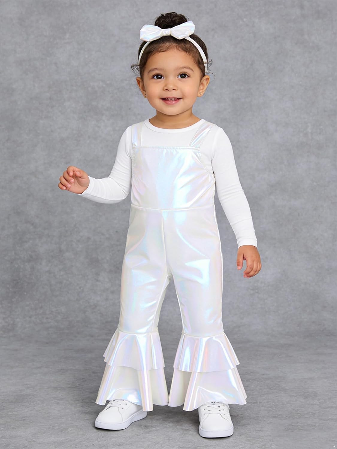 Infant Baby Girls Sparkly Ruffles Pants Coveralls Shiny Metallic Overalls with Headwear Ivory 3-4 Years