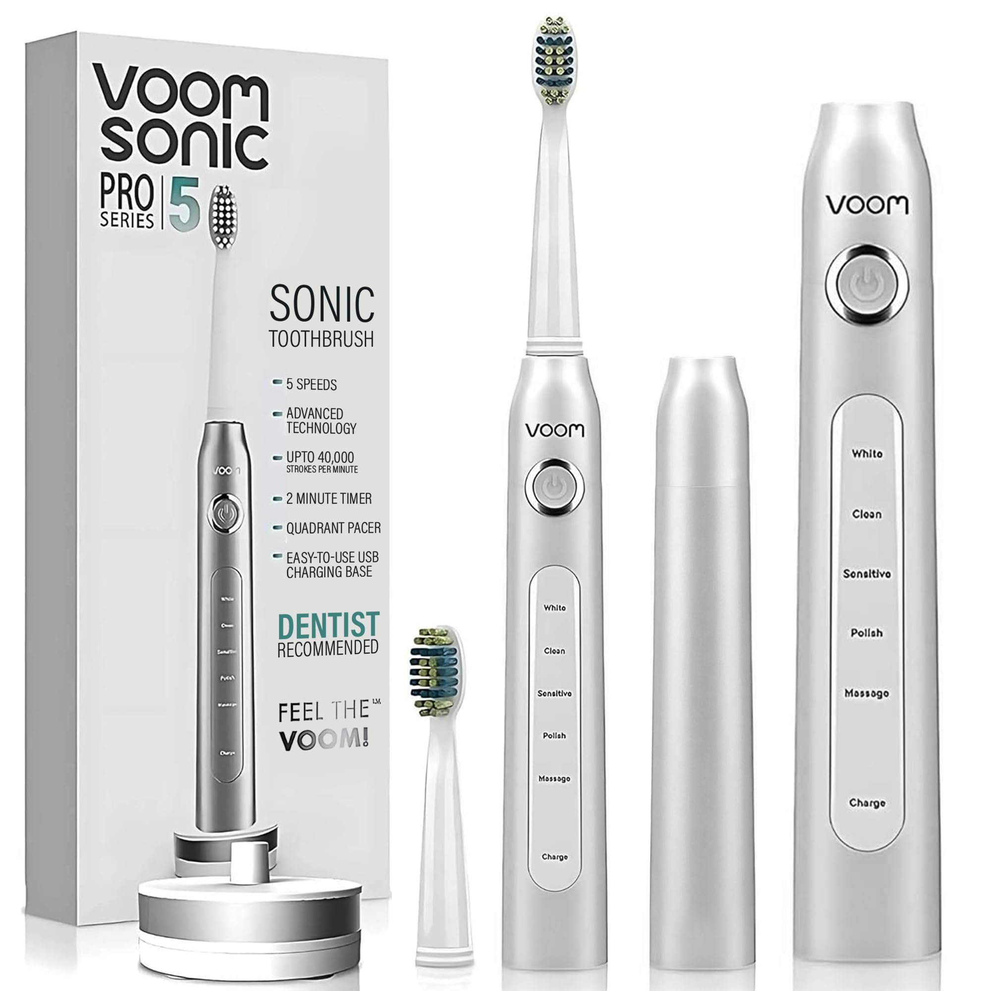 Voom Sonic Cepillo de dientes eléctrico – Esenciales de baño y artículos esenciales de viaje – Cepillo de dientes eléctrico ultrasónico para adultos – Recargable por USB 40.000 tiempos/minuto – 5