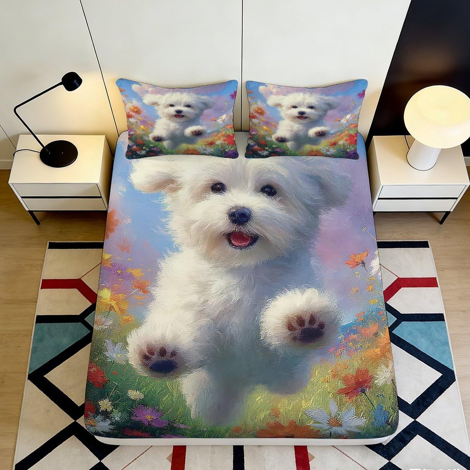 3D Printed White Puppy Fitted Sheet Microfiber Soft Non-Slip Cartoon Bed Cover for Bedroom Dorm Guest Room Decor 90x200x25cm