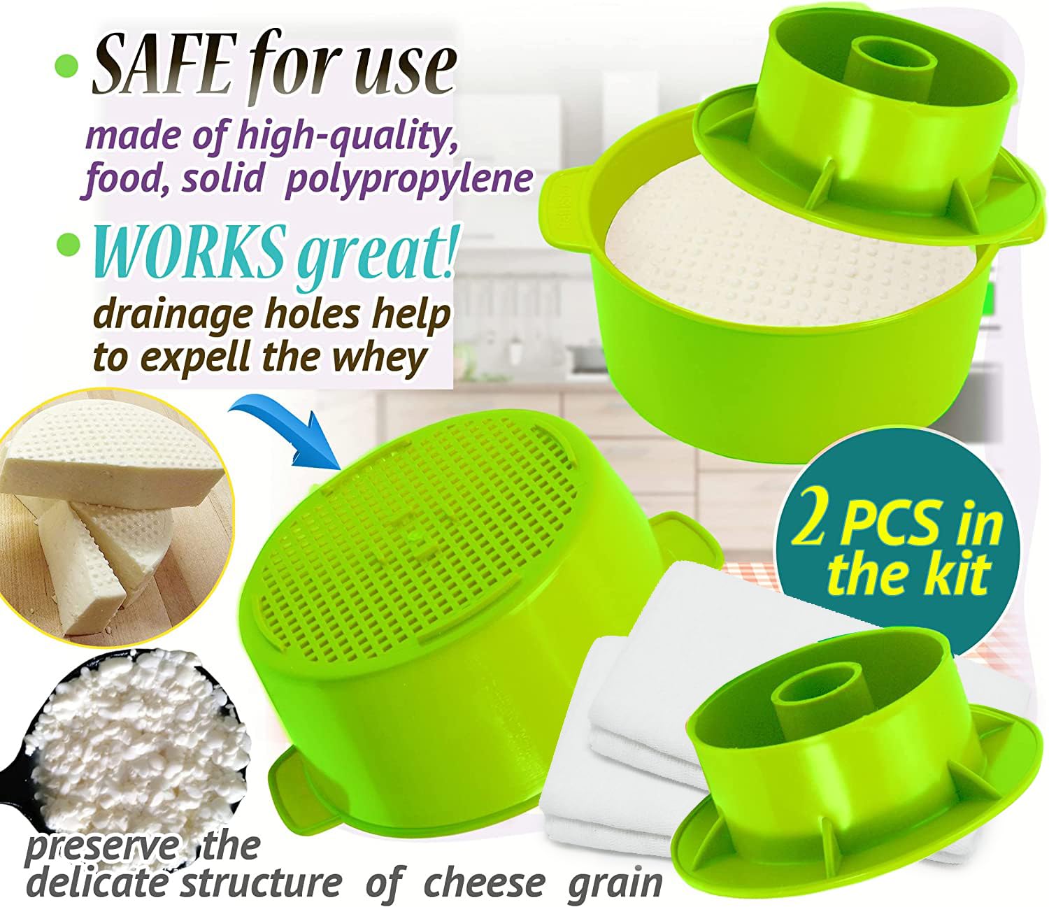 2 Stück Käseform für Käseherstellung Käse mit Kolben Farbe Grün – Käsezubehör – Käseform Form – Baumwolltuch zum Abseihen – Molde Para Queso Casero