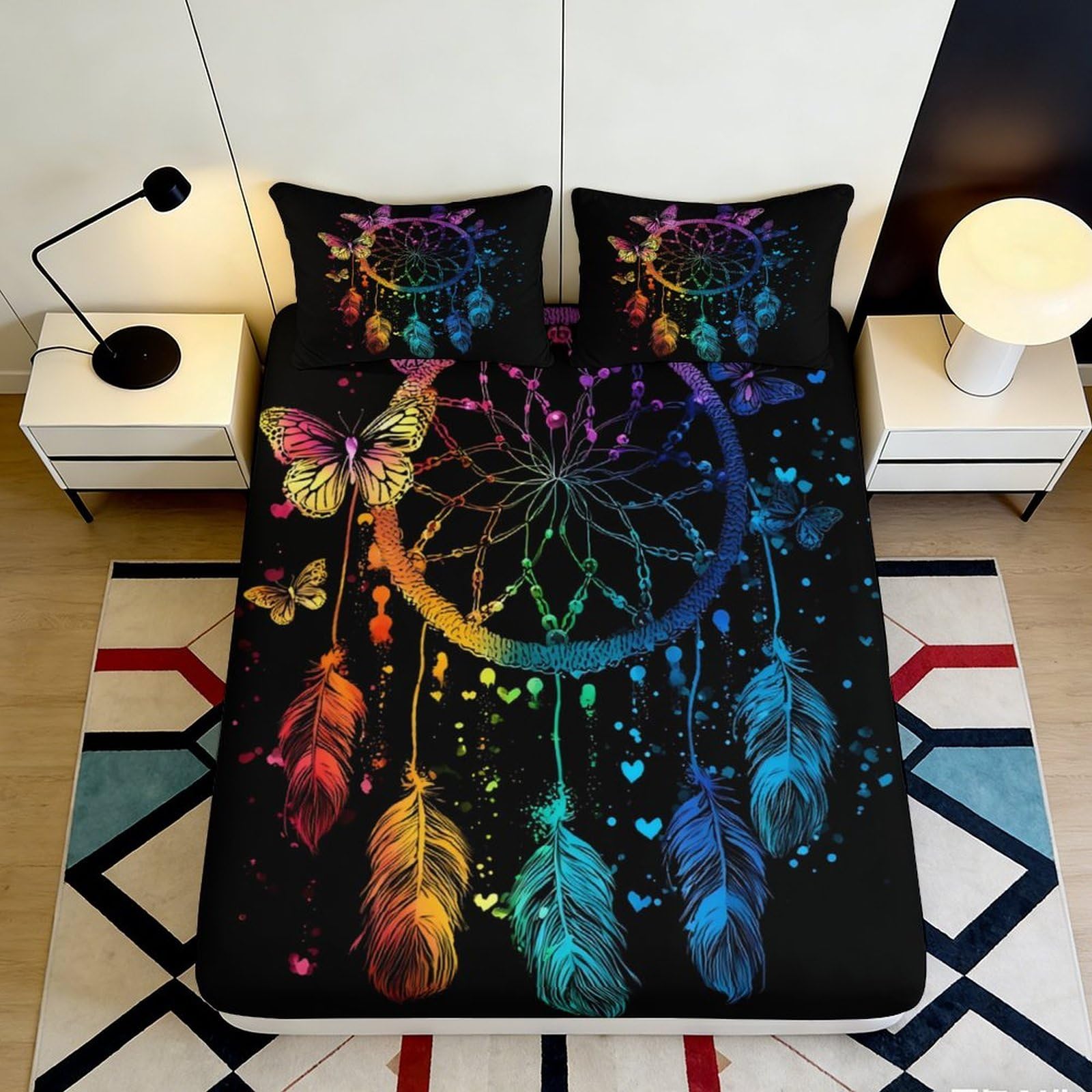 Pnayamiorkfel Style-5 3D Printed Dreamcatcher Butterfly Fitted Sheet Microfiber Multicolor Bed Cover For Bedroom Dorm Mattress Protection Decor 90X200x25cm