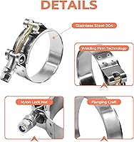 Vista 4 de Paquete de 2 abrazaderas de manguera con perno en T de 2 pulgadas, abrazadera de entrada turbo de acero inoxidable 304, rango de trabajo de 2.20 a