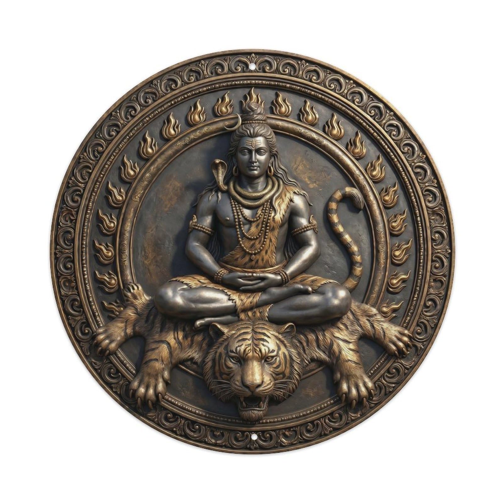 Shiva Tiger Skin Seat Wild Power Relief Sculpture Metal Tin Sign