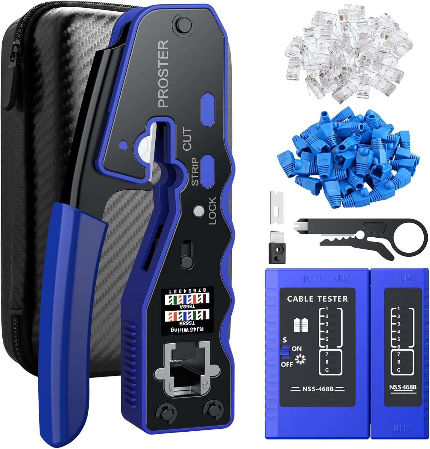 Proster RJ45 Crimper Tool - Stripper Cutter Crimper Tool for RJ45 Cat6 Cat5 Cat5e Pass-Thru Connectors with 50pcs Cat6 Pass Through Connectors & Protection Covers, 1pcs Wire Stripper