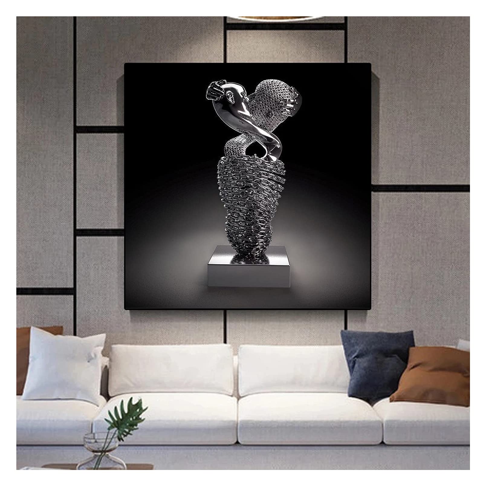 Love Heart 3D Wall Art, Love Heart Gray/Gold Art Wall Abstract Metal Figure Sculpture Canvas Painting Hanging Painting, ​Printing Core for Home Bedroom Decor, Valentine's Day Gift,T,80x80cm(31.4in)
