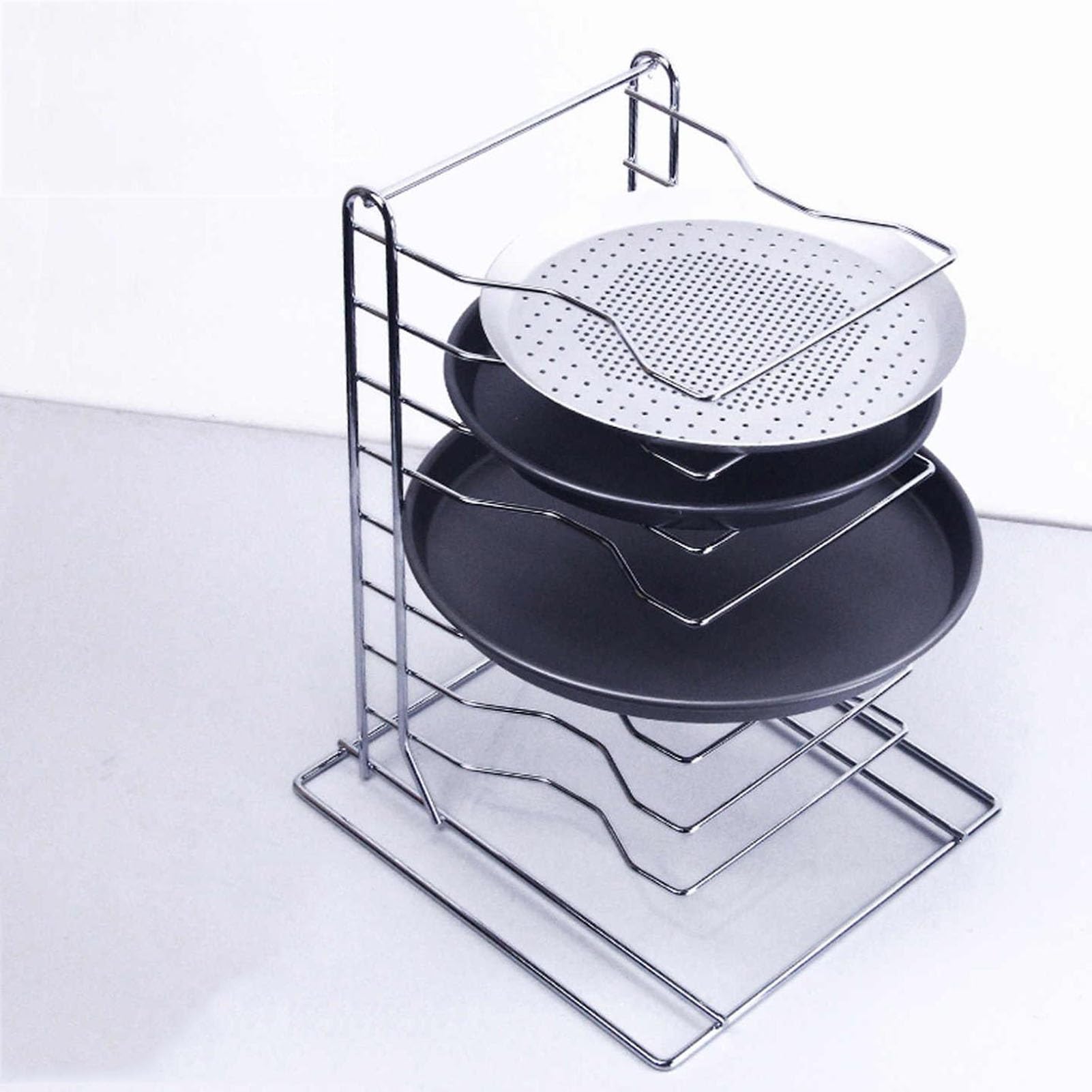 GUODDM Pizza Pan Rack，6/8/11/14-Slot Shelf， Baking Tray Storage Racks，Stack For Stacking Pans Trays Separator Screen(6-Slot shelf)