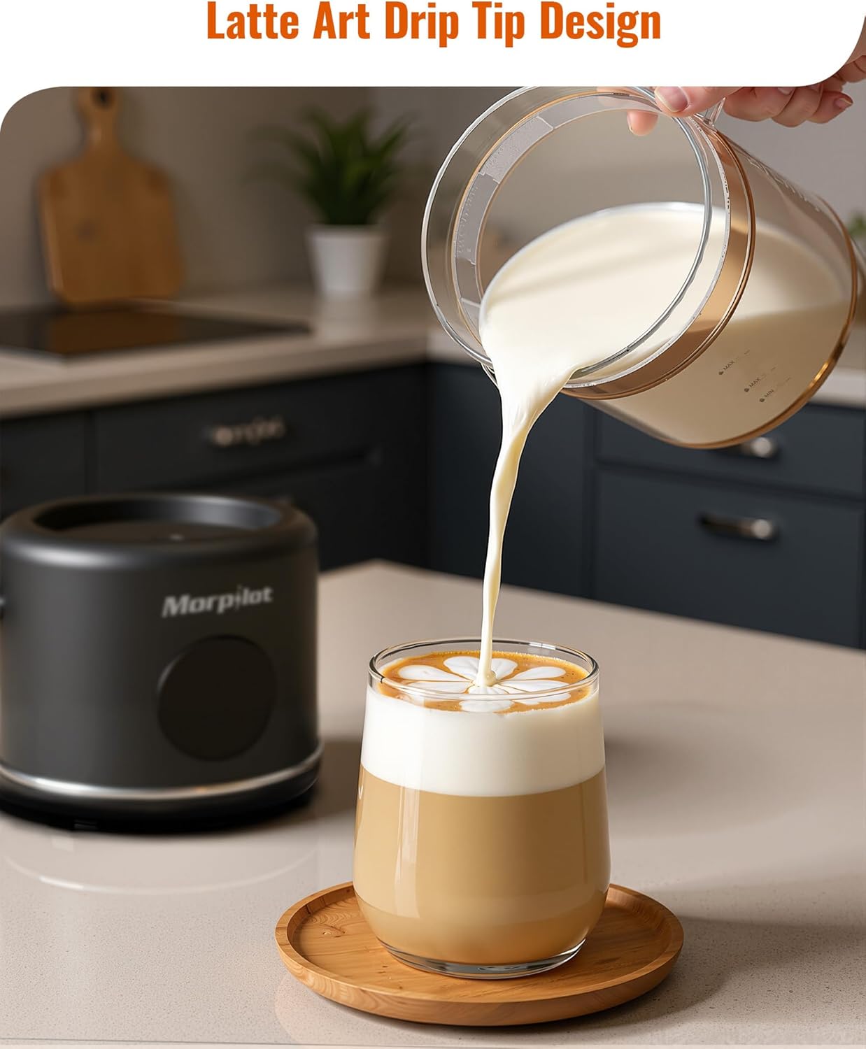 Hand pouring frothed milk from the Morpilot frother into a glass for latte art