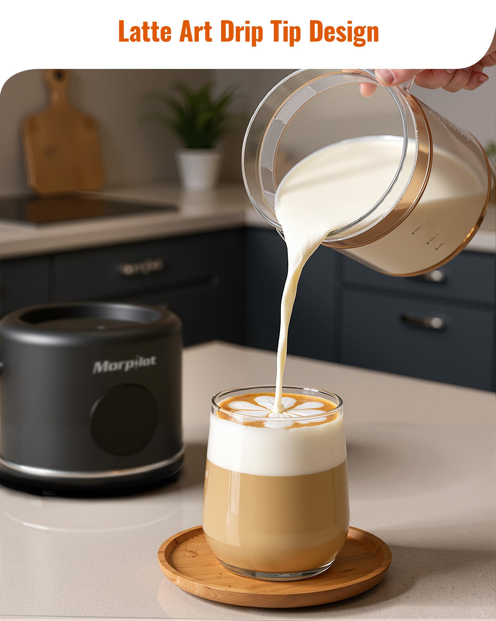 Morpilot Montalatte Elettrico, Milk Frother in Vetro, 6 in 1 Funzione, Capacità 250ml Per Schiumare o 500 ml Per Riscaldare Latte, Design Diviso, Nero