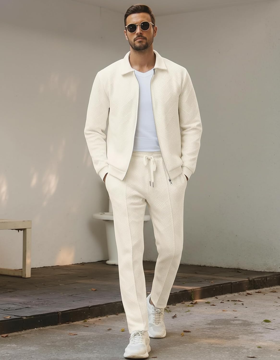 UOUA Mens 2 Piece Tracksuits Set Casual Jacquard Sweatsuits Outfits Full-Zip Jakcet & Loose Jogging Pants - Image 3