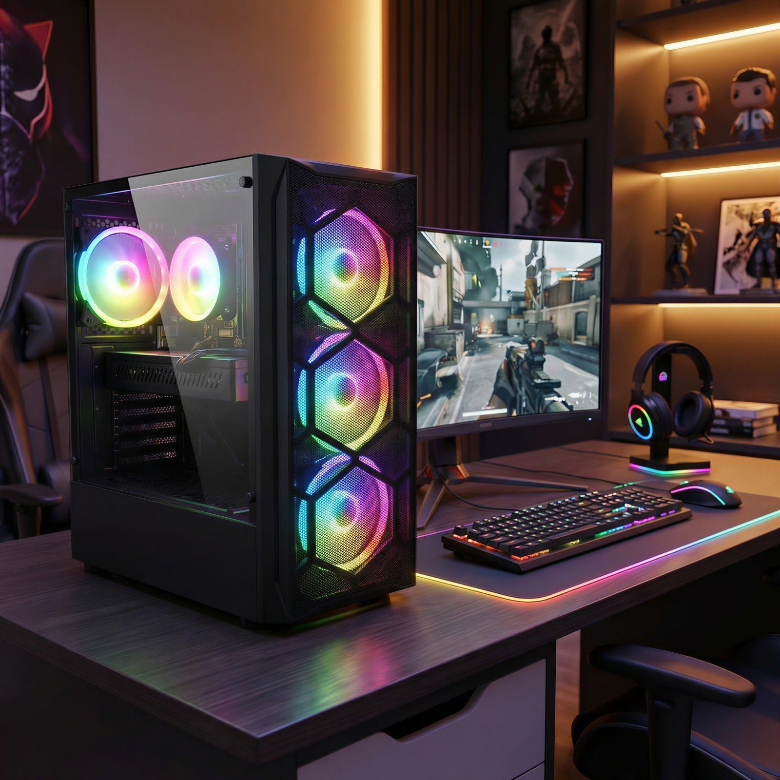 STGAubron Gaming PC Desktop Computer, Intel Core i7 up to 3.9GHz, Radeon RX 580 8G, 16G RAM, 512G SSD, WiFi 6, Bluetooth 5.2, RGB Fan x6, Windows 11 Home