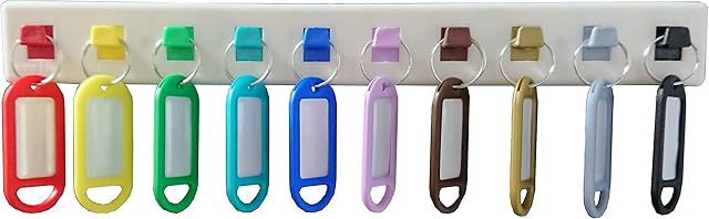 Merriway BH06981 White Wall Mounted Hanging Multi Key Rack Holder Organiser, Self Adhesive with 10 x Coloured Plastic Tags